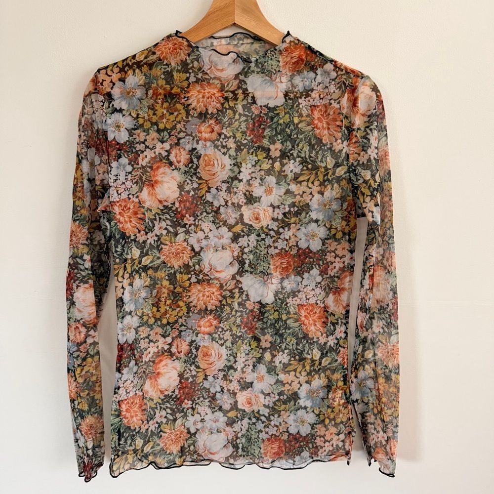 NWT Floral Mesh Mock Neck Sheer Long Sleeve Top Cottagecore Medium - Picture 4 of 9